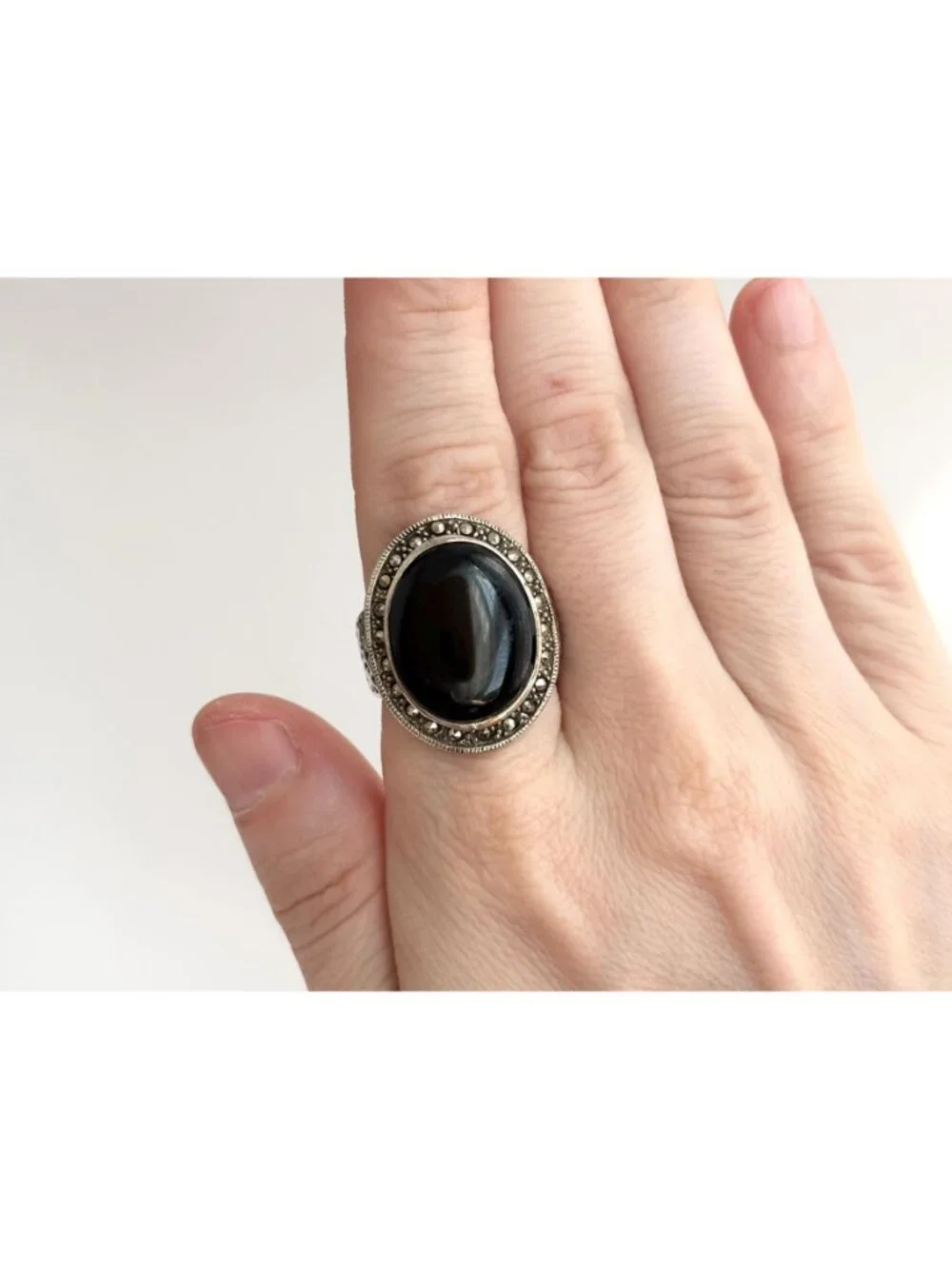 Black Onyx & Marcasite Art Deco Cutout Sterling Silver 925 Vintage Ring - sz 8